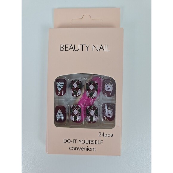 24pcs Christmas Press On Nails Medium Square Tip Holiday Plaid, Polar Bear Tree - Picture 2 of 3